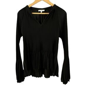 CURRENT AIR Women's Pleated High Low Hem Flare Sleeve Blouse Black Size Large